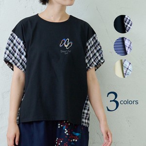 T-shirt Dolman Sleeve Check Cotton Linen Gathered Sleeves Switching Emago