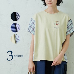 emago T-shirt Dolman Sleeve Spring/Summer Check Cotton Linen Gathered Sleeves Switching