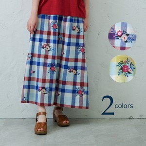 emago Skirt Patterned All Over Spring/Summer Check Cotton Linen Embroidered