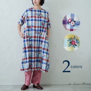 emago Casual Dress Patterned All Over Check Cotton Linen Embroidered