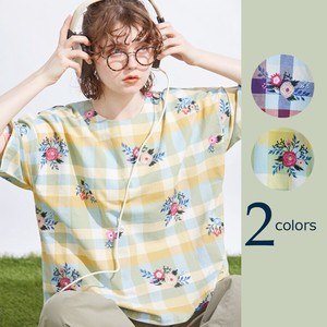 emago Button Shirt/Blouse Patterned All Over Spring/Summer Check Cotton Linen Embroidered