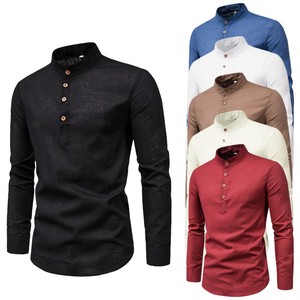 Button Shirt Plain Color Long Sleeves Cotton Linen
