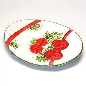 クリスマス テーブルウェア イタリア製 陶器 中皿 31X25cm オーバル リボン パーティープレート