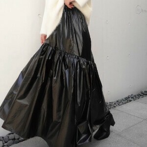 【動画あり】メタリックギャザーフレアスカート　ボトムス　秋　冬　AW　カジュアル　ロング　春　派手