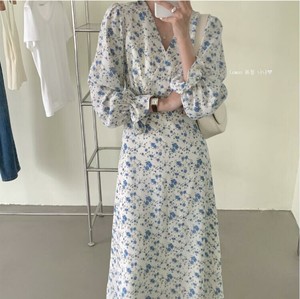 Casual Dress Long Sleeves Floral Pattern V-Neck One-piece Dress Ladies'