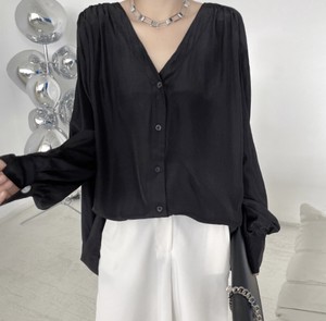 Button Shirt/Blouse Plain Color Long Sleeves V-Neck Ladies'