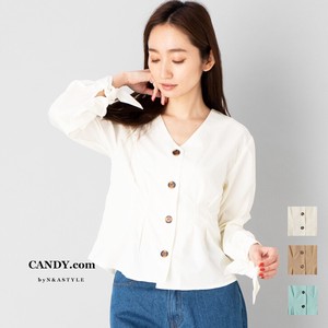 Button Shirt/Blouse Sleeve Ribbon Mini Long Sleeves Waist V-Neck Tops Ladies Cut-and-sew