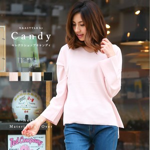T-shirt Slit Long Sleeves Knit Sew V-Neck Ladies' Simple Cut-and-sew