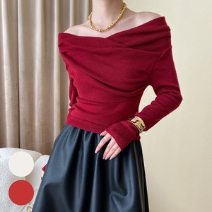 Sweater/Knitwear Red Off-The-Shoulder Tuck Ribbed Knit Autumn/Winter