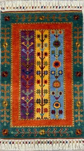 手織り絨毯　ラグ　約60x90cm　ウール　グリーン　オレンジ　玄関マット　ハンドノット　SAL【43869】