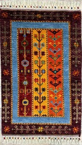手織り絨毯　ラグ　約60x90cm　ウール　ラスト　ライトブルー　玄関マット　ハンドノット　SAL【43879】