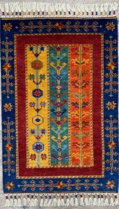 手織り絨毯　ラグ　約60x90cm　ウール　ブルー　レッド　玄関マット　ハンドノット　SAL【43898】