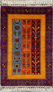 手織り絨毯　玄関マット　約60x90cm　ウール100％　パープル　ゴールド　ハンドノット　ラグ　SAL【43838】