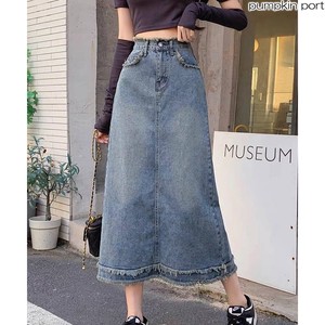 Skirt Fringe Long Skirt Denim L Vintage