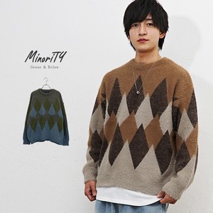 Sweater/Knitwear Argyle Pattern Crew Neck Knitted Shaggy