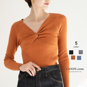 Sweater/Knitwear Knitted Long Sleeves Front V-Neck Tops Rib Ladies' Thin Cut-and-sew