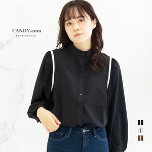 Button Shirt/Blouse Color Palette Long Sleeves Tops Stand-up Collar Puff Sleeve Ladies