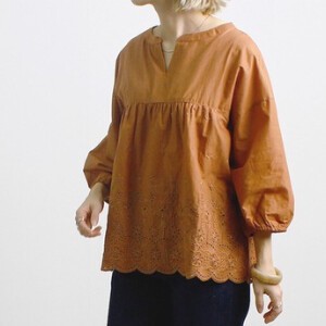 Button Shirt/Blouse Indian Cotton Flare Scallop Embroidery V-Neck Puff Sleeve