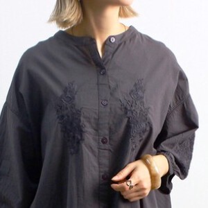 Button Shirt/Blouse Tunic Band Collar Cambric Cotton Short-Sleeve