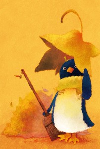 菜生ポストカード[落ち葉かき]ペンギン