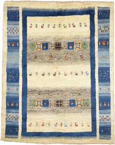 ペルシャンギャッベ シラーズ産 ウール 手織 ラグ ブルー×アイボリー ドザール (約150×200cmサイズ)