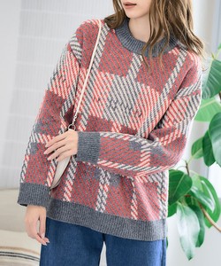 Sweater/Knitwear Brushing Fabric Knitted Check Tops Ladies' Autumn/Winter