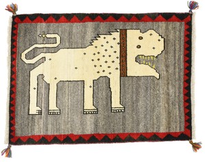 ペルシャンギャッベ カシュクリ ウール 手織 ラグ ライオン柄 ベージュ系 ポシティ(約60×90cmサイズ)