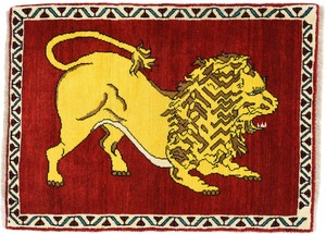 ペルシャンギャッベ アマルバフト ウール 手織 ラグ ライオン柄 赤系 約73×100cm