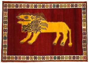 ペルシャンギャッベ カシュクリ ウール 手織 ラグ ライオン柄 赤系 ザロニム(約約100×150cmサイズ)