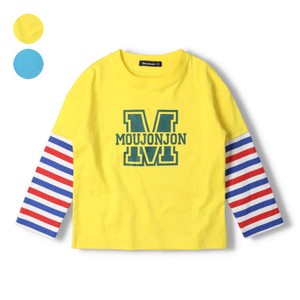 袖ボーダーレイヤード風Tシャツ  M12802　重ね着風、きれいなカラー、カレッジ風ロゴ入り