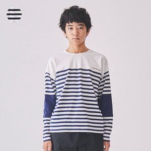 ボーダー切替Tシャツ(140cm-160cm)  V12801  日本製、本体綿100%、春らしい、ロゴ刺繍、白×紺、ギフト