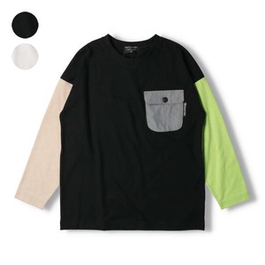 クレイジー配色長袖Tシャツ(140cm-160cm)  V12803  日本製、バイカラー、フラップ付ポケット、ギフト