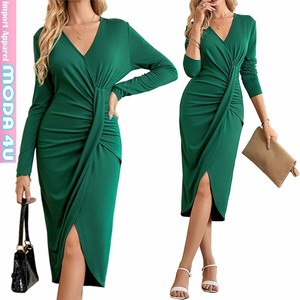 Casual Dress Plain Color Long Sleeves V-Neck Shirring One-piece Dress