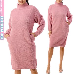 Casual Dress Pink Plain Color Mock Neck