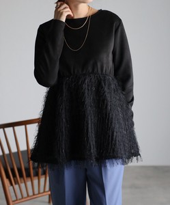 T-shirt Pullover Jacquard Fringe Long Sleeves Feather Switching