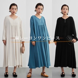 Long-Sleeve Gathered Linen-mixed Long Dress