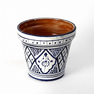 モロッコ陶製植木鉢 伝統柄 中 青