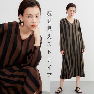 Casual Dress Bicolor Long Sleeves Stripe V-Neck One-piece Dress Simple