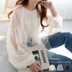 Button Shirt/Blouse Gathered Tulle Long Sleeves Sheer