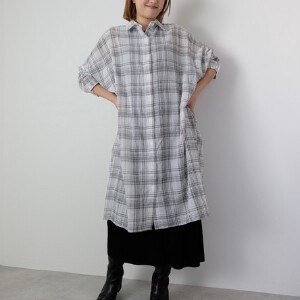 Button Shirt/Blouse Plaid One-piece Dress