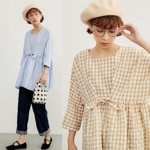 Button Shirt/Blouse Pullover Square Neck Tops Checkered 7/10 length