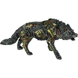 メタリックシルバー仕上げ機械式スチームパンク森林狼 オオカミ ウルフ彫像置物オブジェフィギュア輸入品