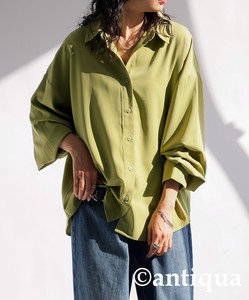 Antiqua Button Shirt/Blouse Plain Color Long Sleeves Tops Ladies' Simple