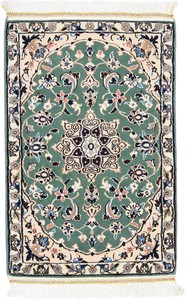 ペルシャ 絨毯 ナイン ウール 手織 玄関マット グリーン系 約50×75cm N-2193