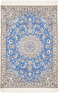 ペルシャ 絨毯 ナイン ウール 手織 玄関マット ブルー系 約87×128cm N-4248