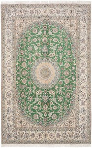 ペルシャ 絨毯 ナイン ウール 手織 玄関マット グリーン系 約207×305cm N-49226