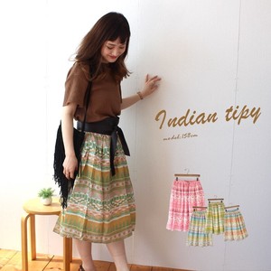 インド綿 ふんわりスカート インディアンティピー プリント柄 ミディアム丈 約68cm
