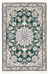 ペルシャ 絨毯 ナイン ウール 手織 玄関マット グリーン系 約62×93cm N-61119