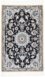 ペルシャ 絨毯 ナイン ウール 手織 玄関マット ネイビー 約50×77cm N-2191
