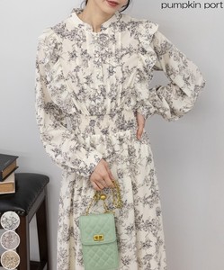 Casual Dress Pintucked Ruffle Floral Pattern Long One-piece Dress